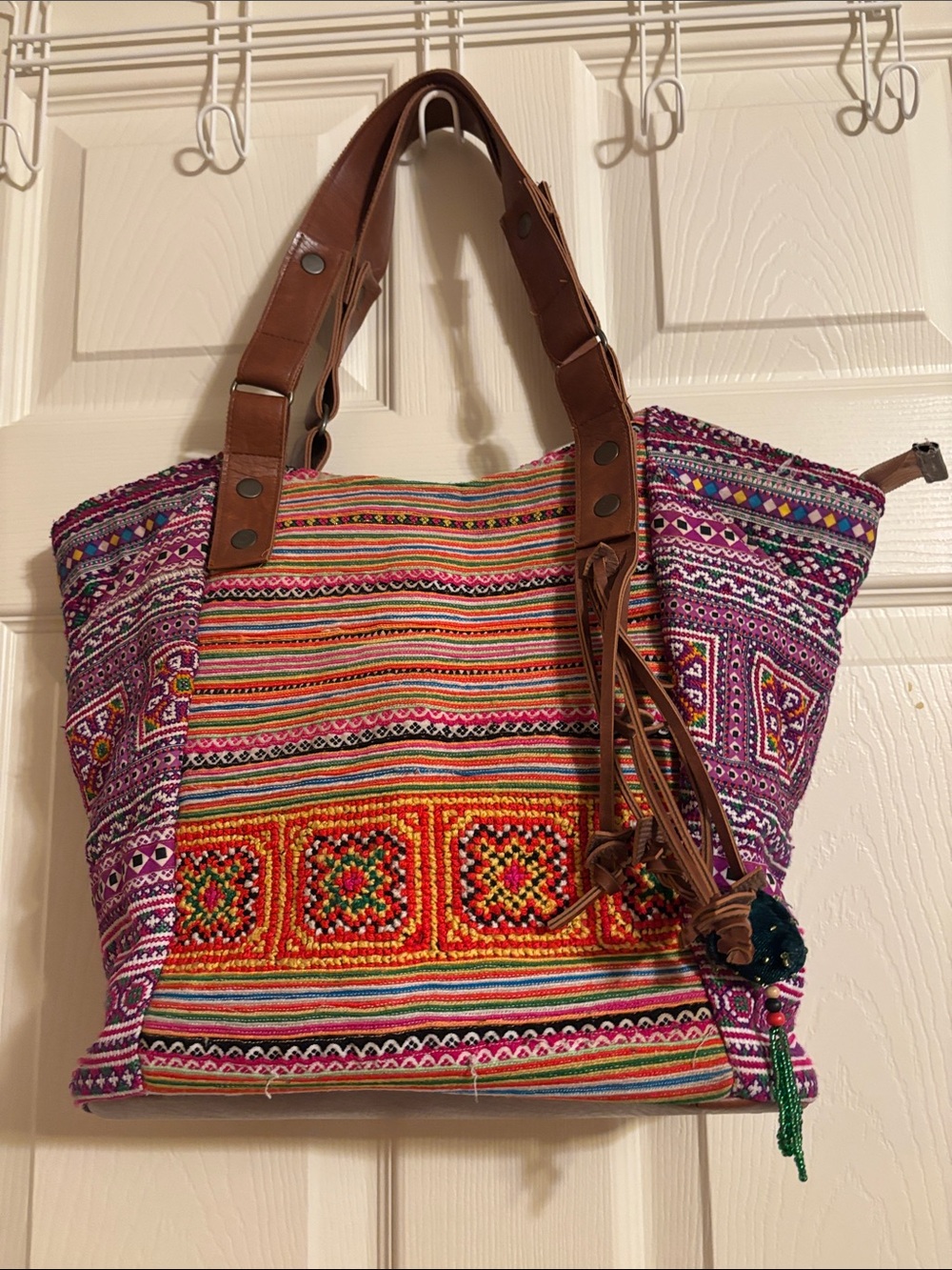 Boho Multicolor Embroidered Tote Bag - Brown Strap